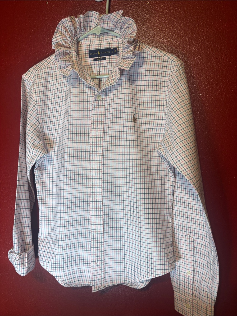 Upcycled/Reloved Ralph Lauren Ruffled Collar Shirt with Blue/Pink Plaid